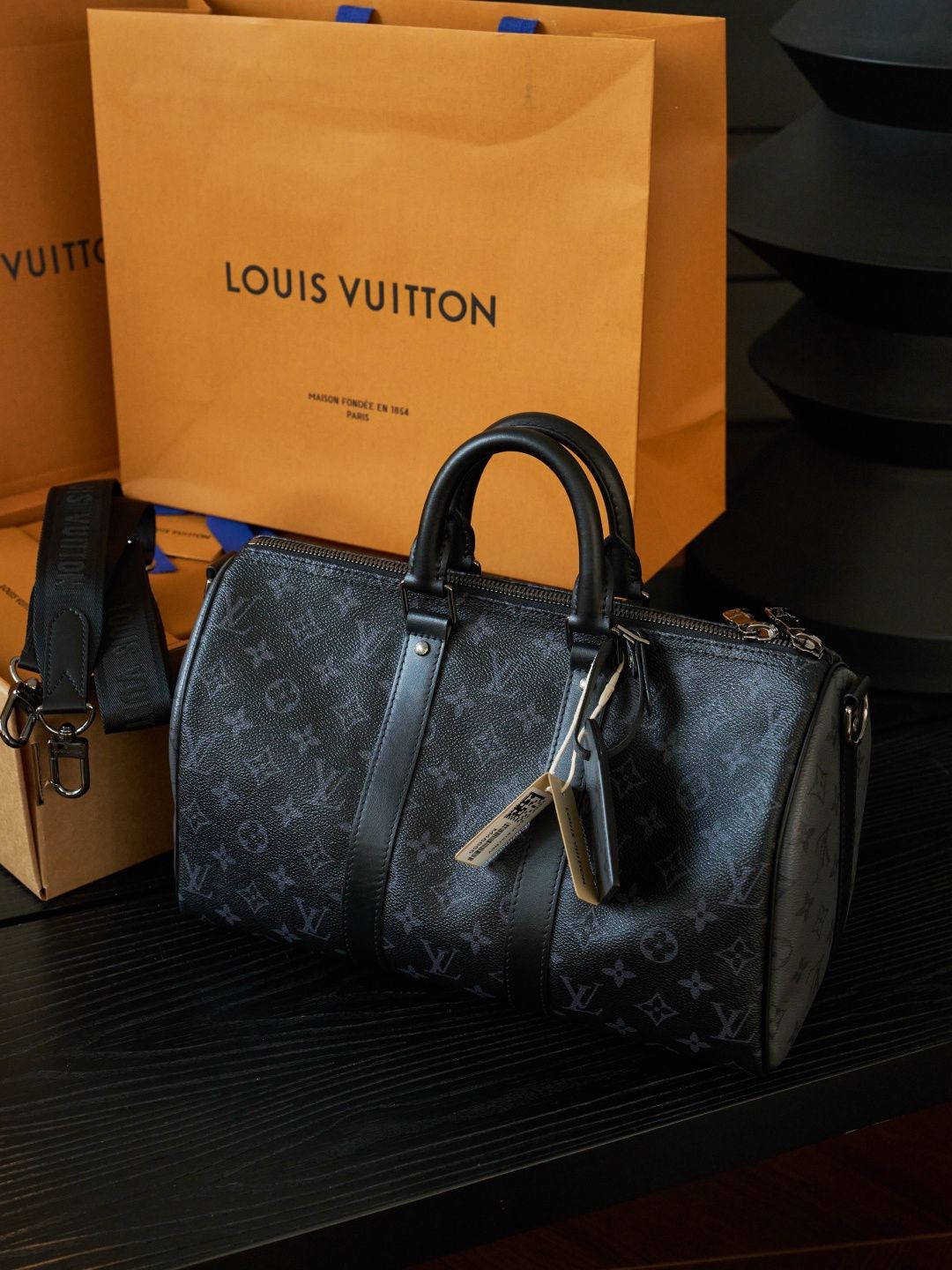 Black Monogram Holdall Bag with Twin Handles and Shoulder Strap