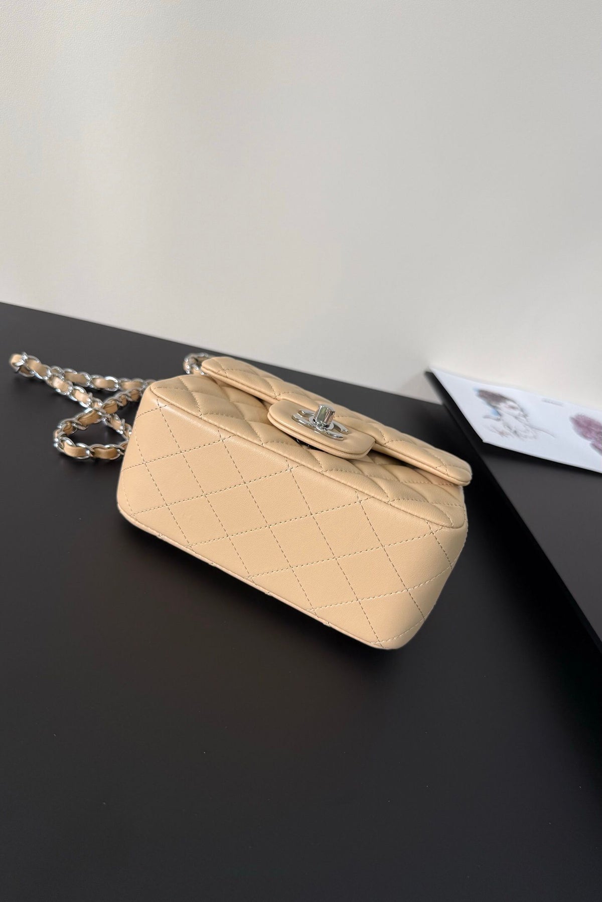 Soft Apricot Quilted Mini Flap Bag with Silver-Tone Chain Strap