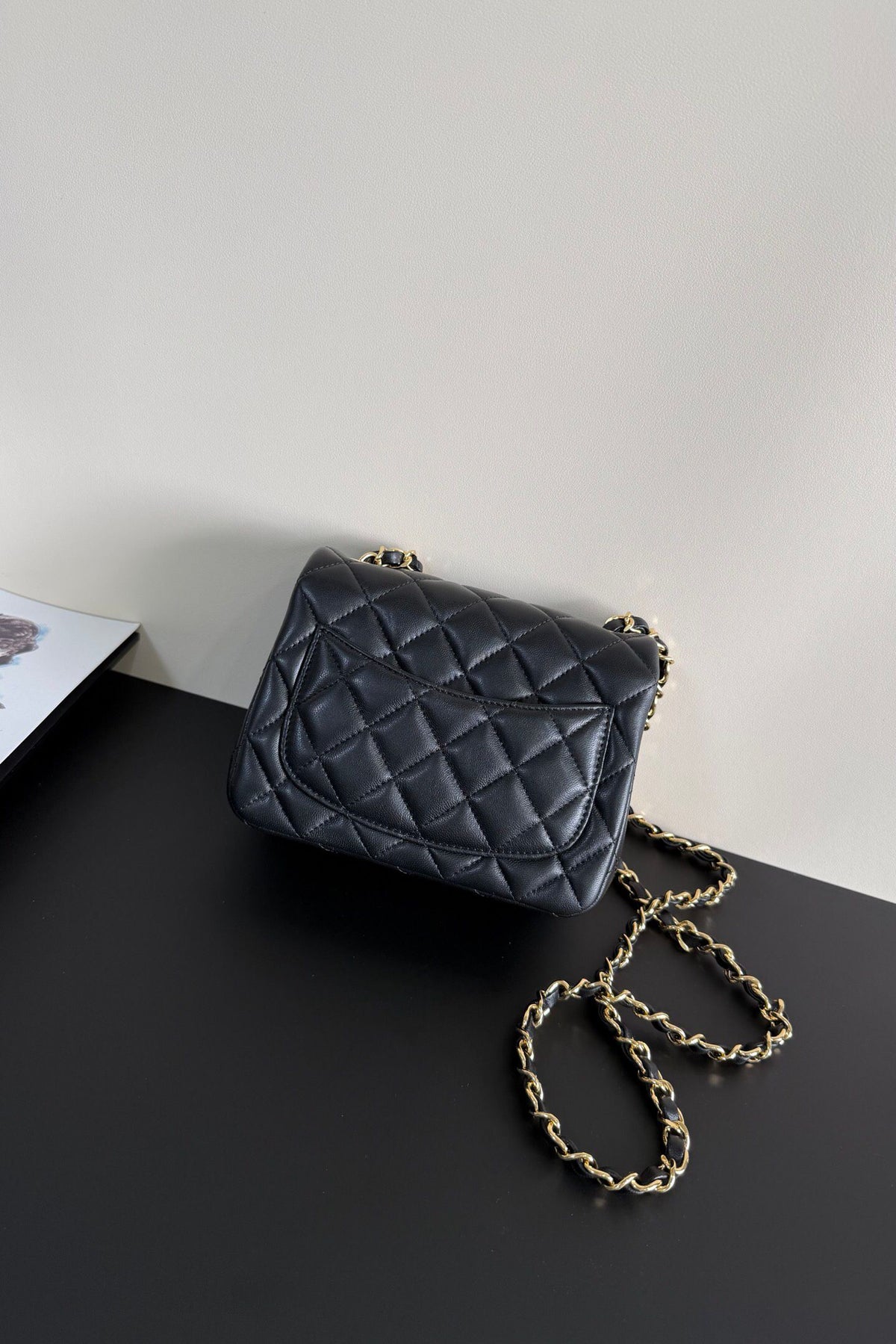 Black Diamond-Quilted Mini Flap Bag with Gold-Tone Chain Strap