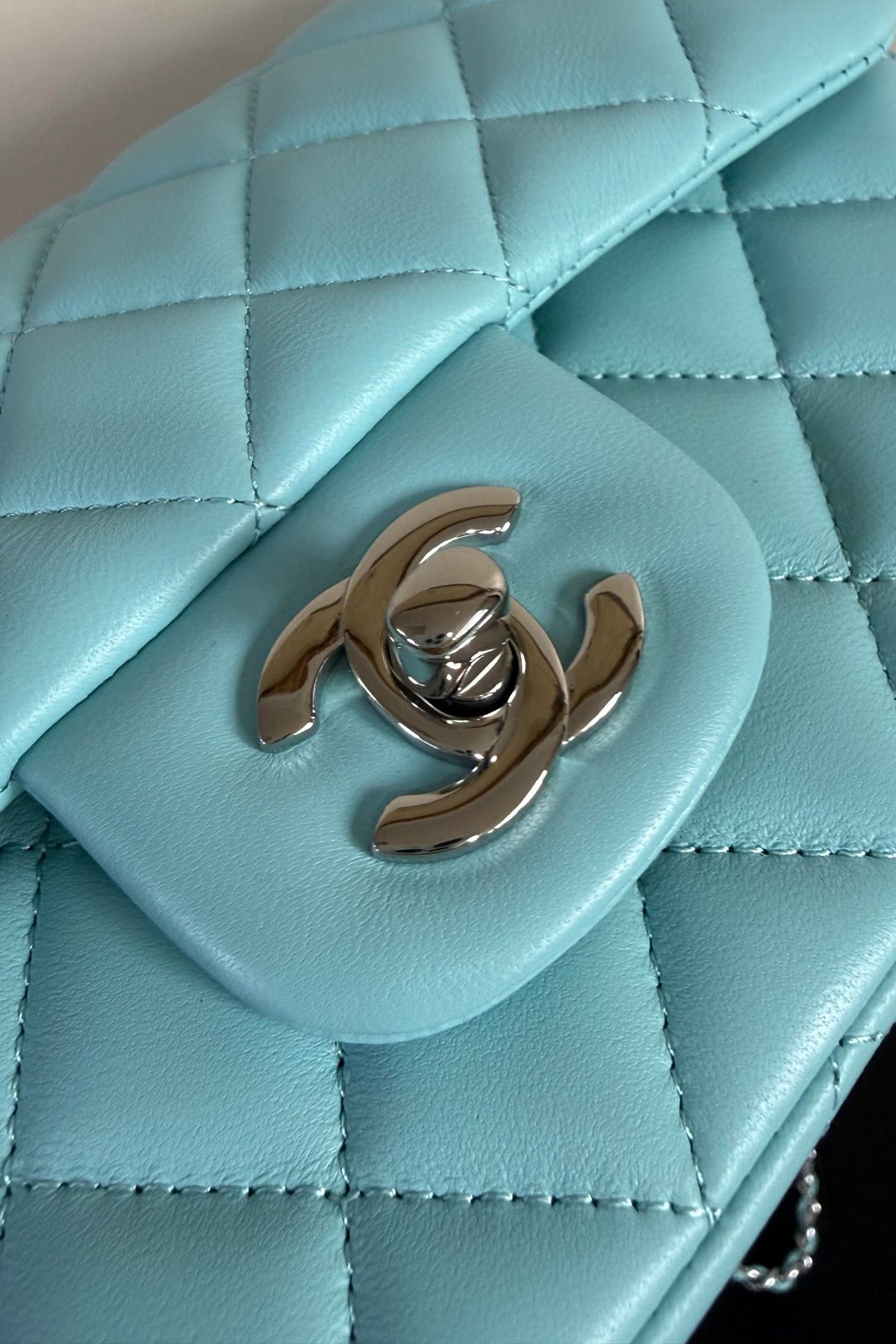 Aqua Blue Quilted Flap Bag with Silver-Tone Chain Strap