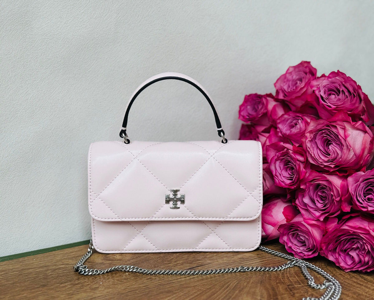Lavender Purple TORY BURCH KIRA CHEVRON DIAMOND QUILT MINI TOP HANDLE CHAIN WALLET Mini Flip Tote With Fluffy Diamond Quilted Design, Three Dimensional Texture Shines on Classic Shapes, Paired with Iconic Slanted Double T LOGO and Chain Shoulder Strap