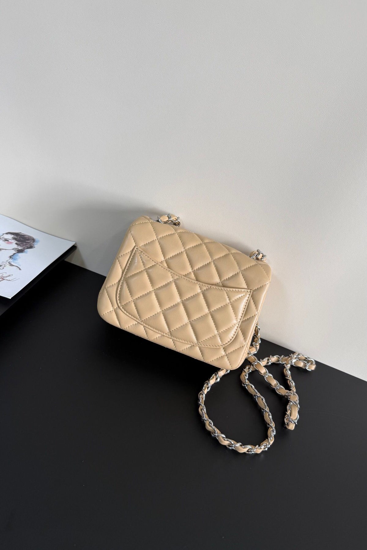 Soft Apricot Quilted Mini Flap Bag with Silver-Tone Chain Strap