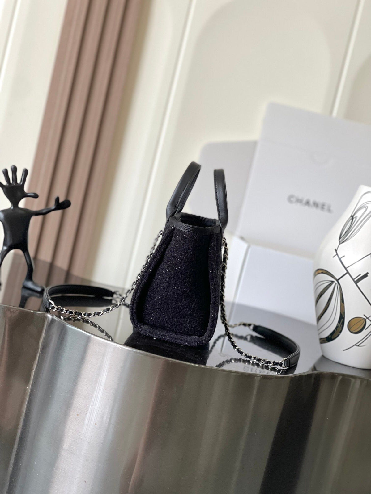 CHANEL26A mini beach bag tweed silver wire + all steel hardware