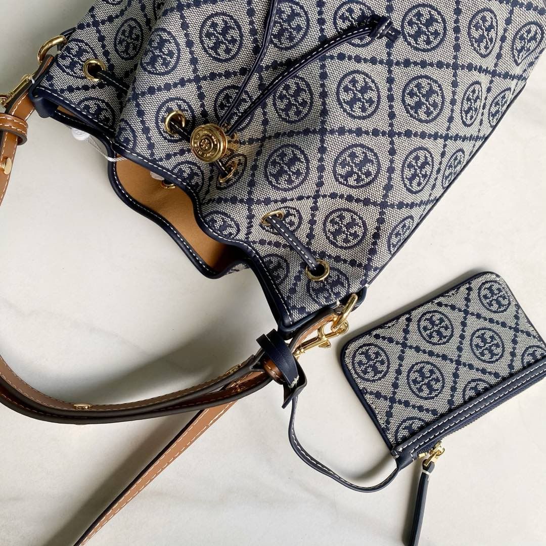 166414 New TORY BURCH T Monogram Drawstring Opening Metal Double T Logo Medium Bucket Bag TB Women's Handheld Single Shoulder Crossbody Bag Size 21-18-11.5