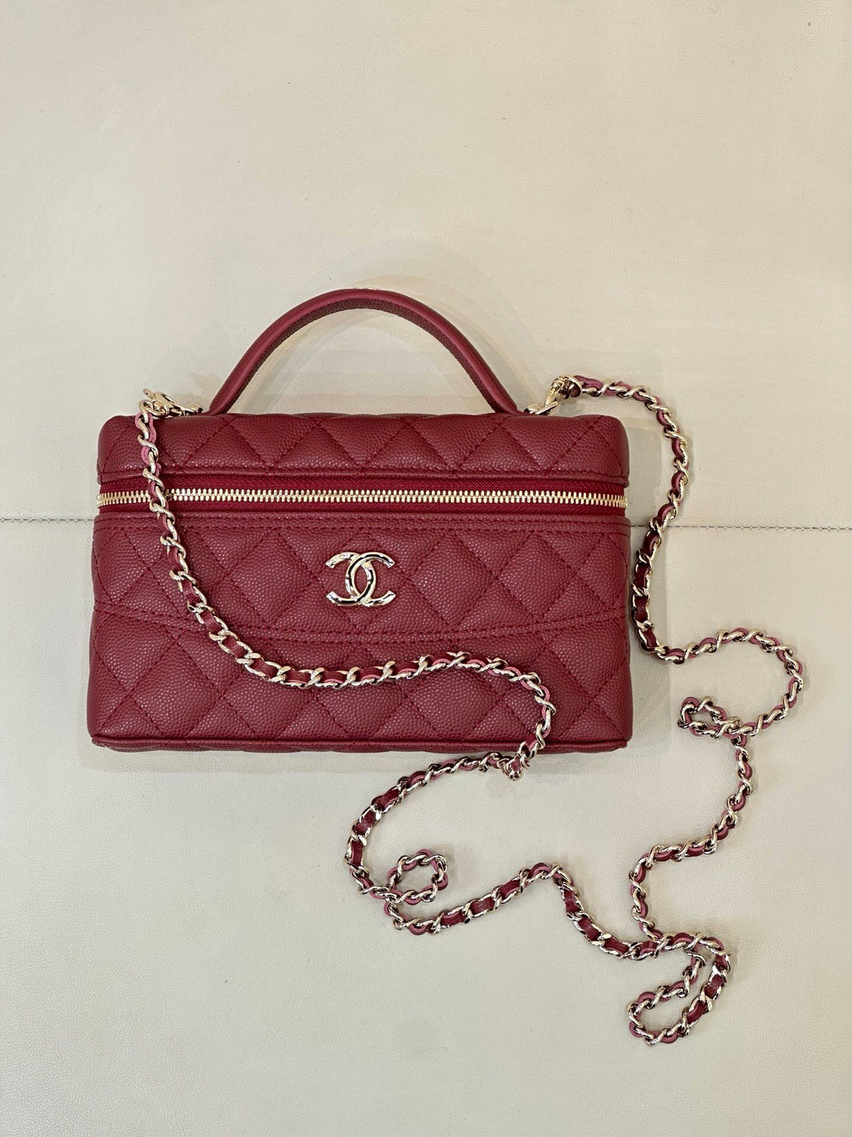Burgundy Quilted Box Bag with Top Handle and Chain Strap
