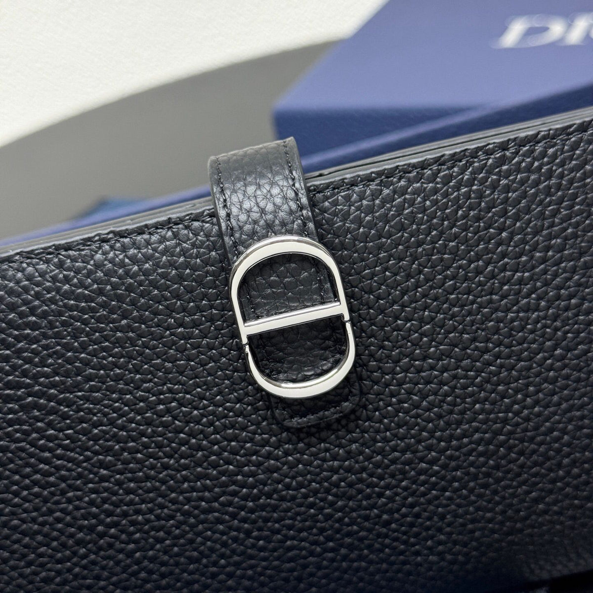 Black Grained Leather Long Bifold Wallet with Silver-Tone Accent