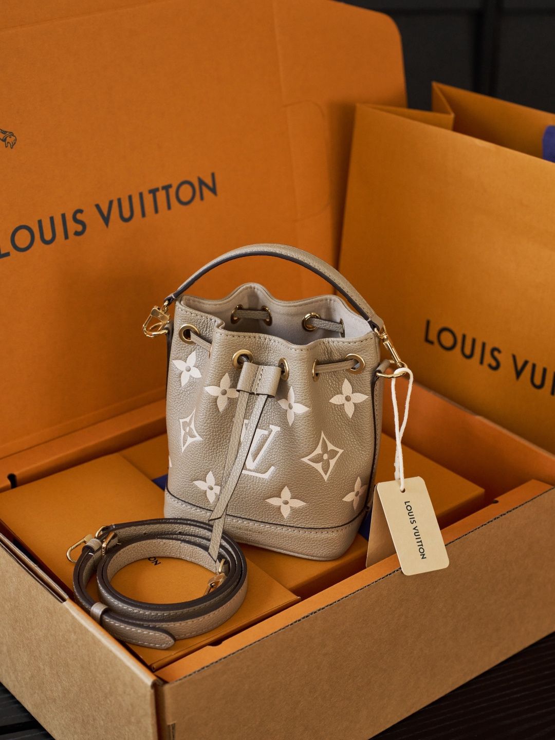 Taupe Monogram Drawstring Bucket Bag with Top Handle