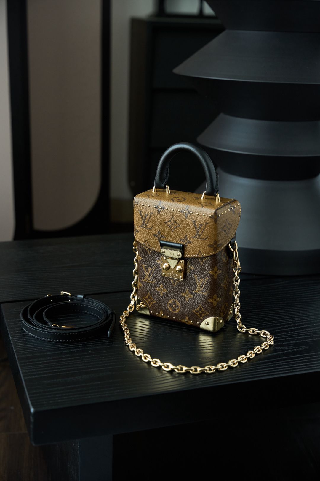 Brown Mini Top-Handle Bag with Gold-Tone Chain and Front Clasp