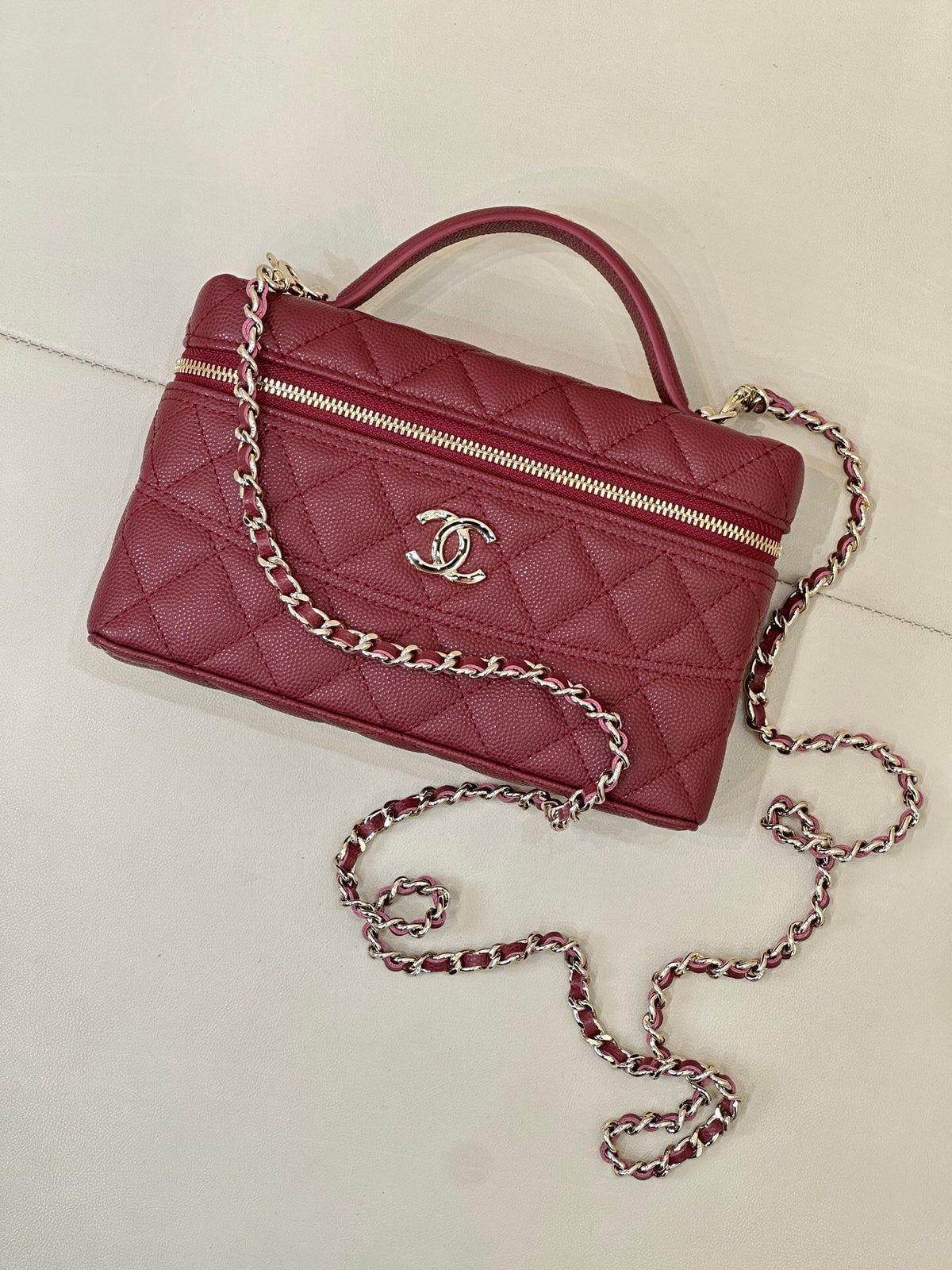 Burgundy Quilted Box Bag with Top Handle and Chain Strap