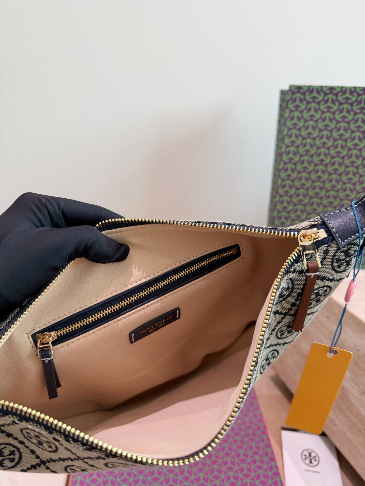 Comes with Tory Burch Half Moon Flower Bag Gift Box