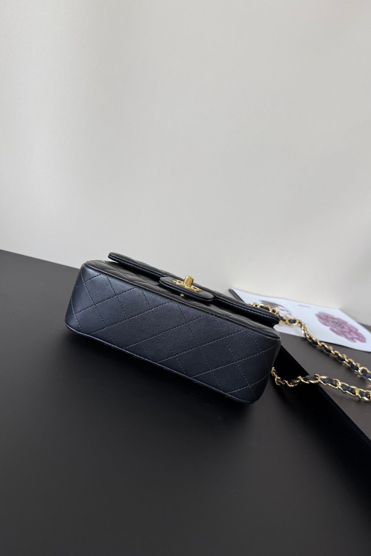 Black Diamond-Quilted Flap Bag with Gold-Tone Chain Strap