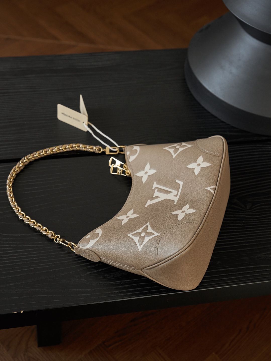 Taupe Monogram Shoulder Bag with Gold-Tone Chain