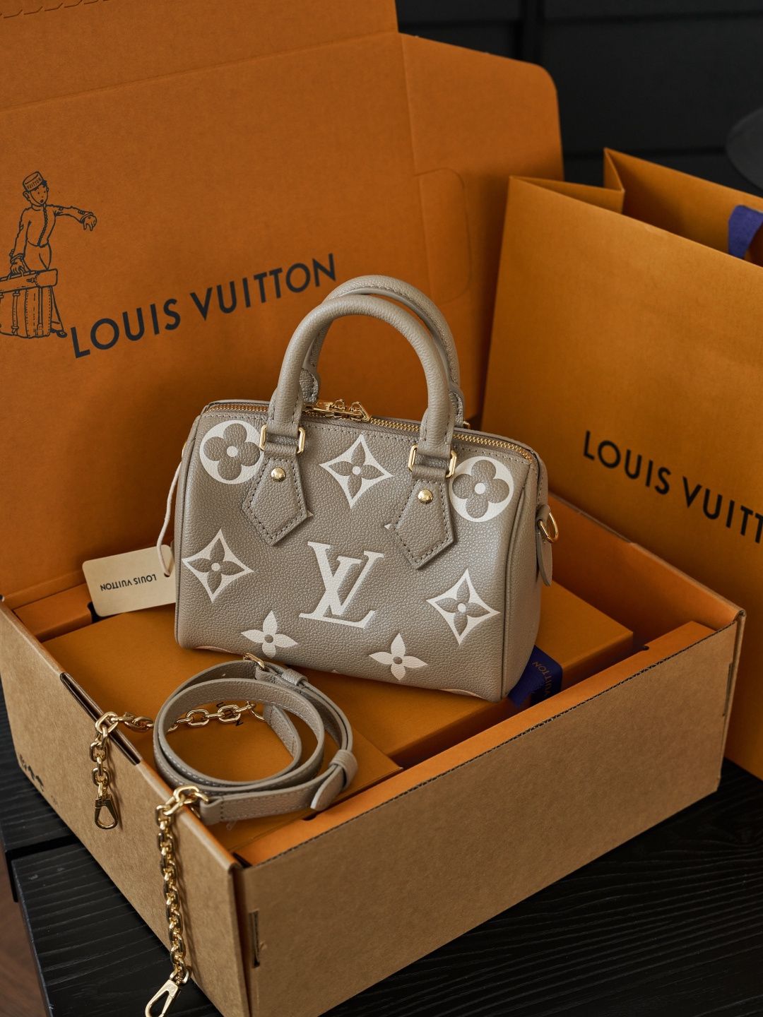 Taupe Monogram Top-Handle Bag with Long Strap