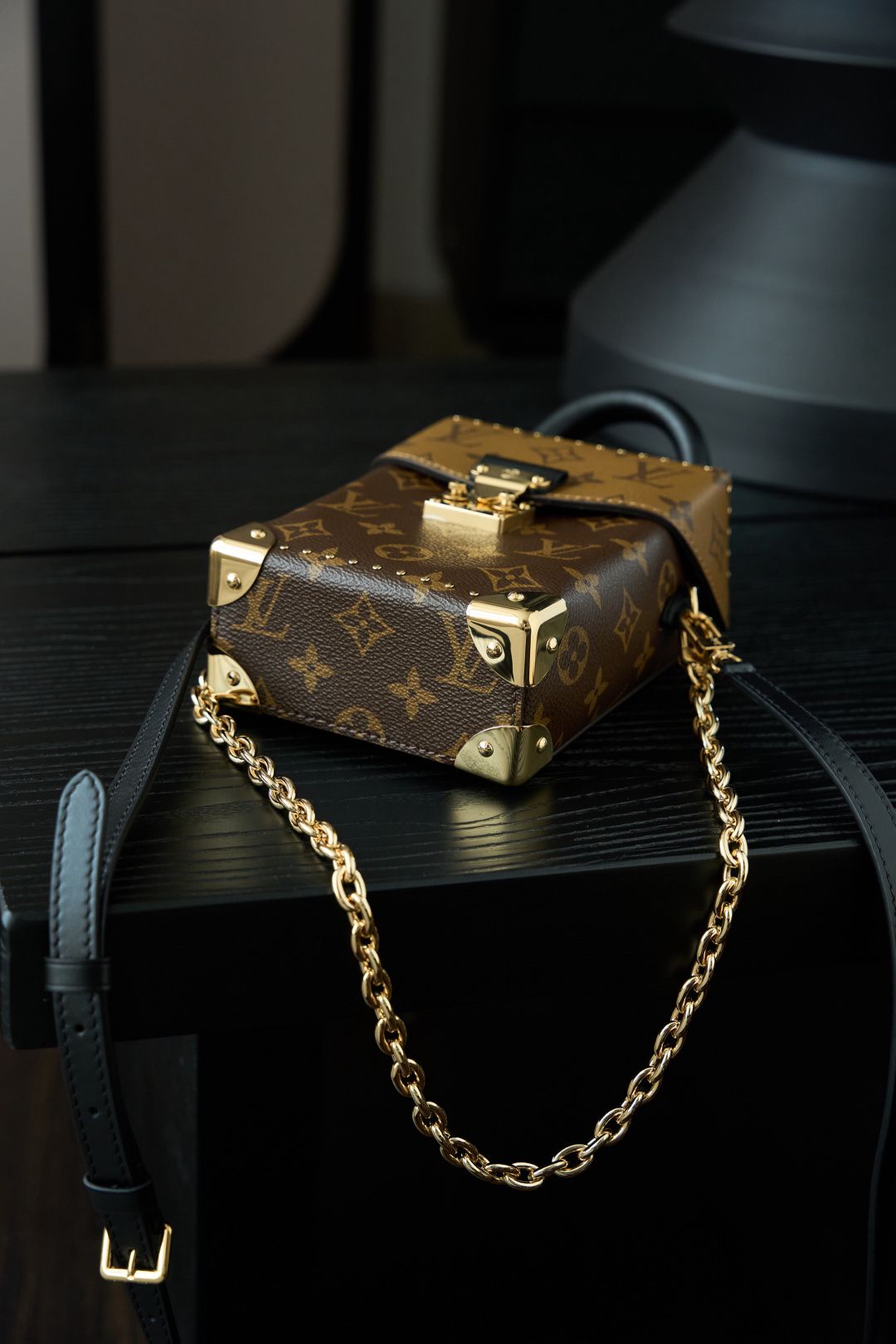 Brown Mini Top-Handle Bag with Gold-Tone Chain and Front Clasp