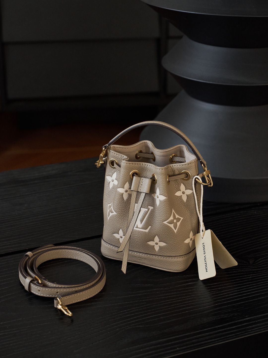 Taupe Monogram Drawstring Bucket Bag with Top Handle
