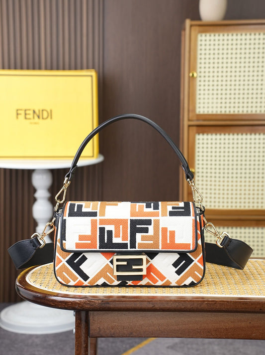Fendi Geometric Pattern Shoulder Bag in Orange, Black & White