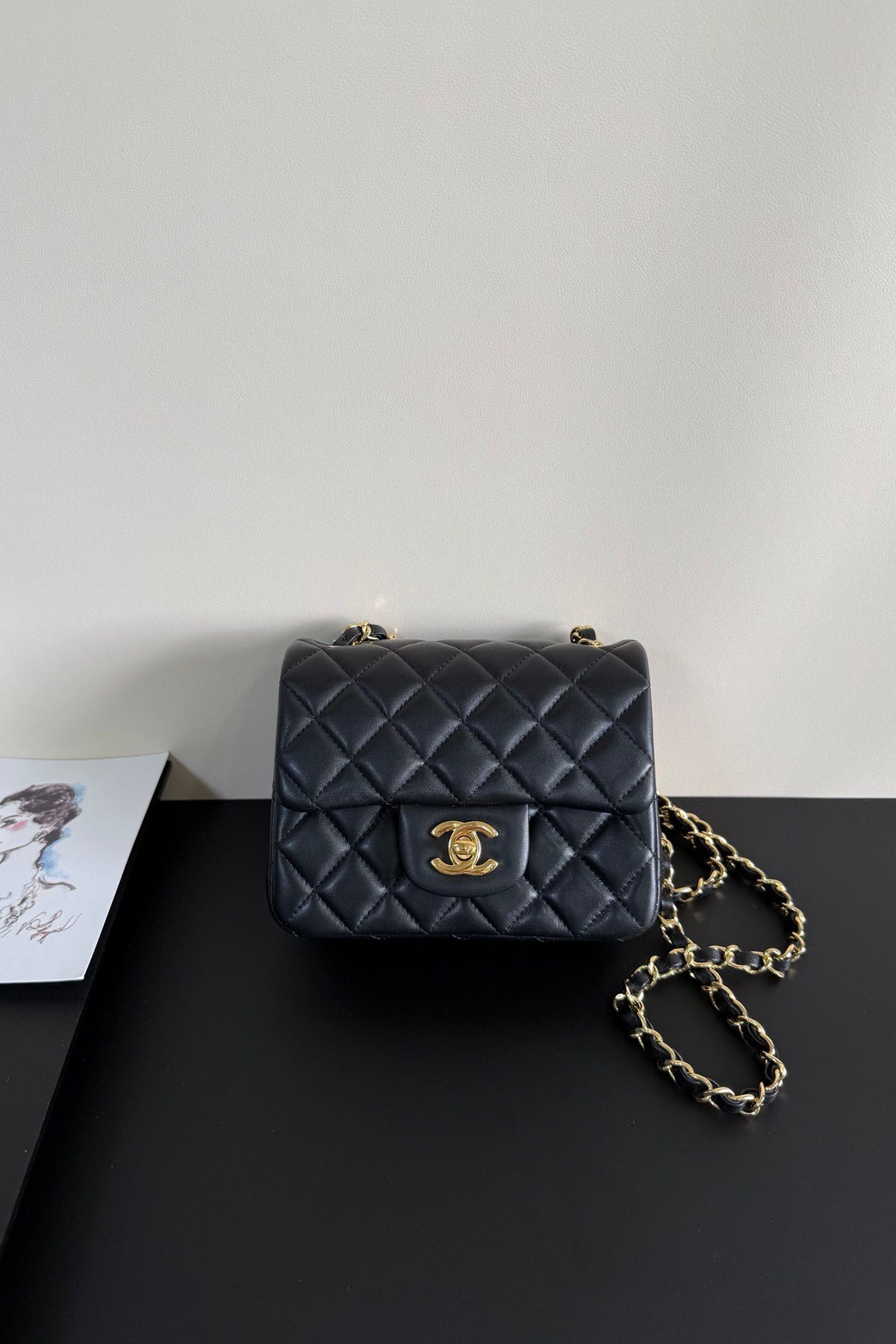 Black Diamond-Quilted Mini Flap Bag with Gold-Tone Chain Strap