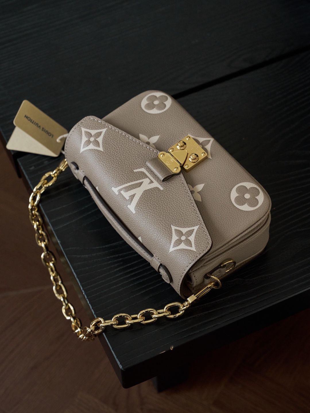 Taupe Monogram Shoulder Bag with Gold-Tone Clasp and Chain