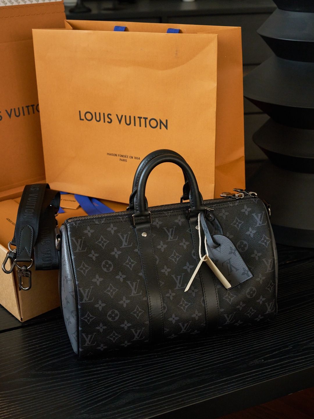 Black Monogram Holdall Bag with Twin Handles and Shoulder Strap