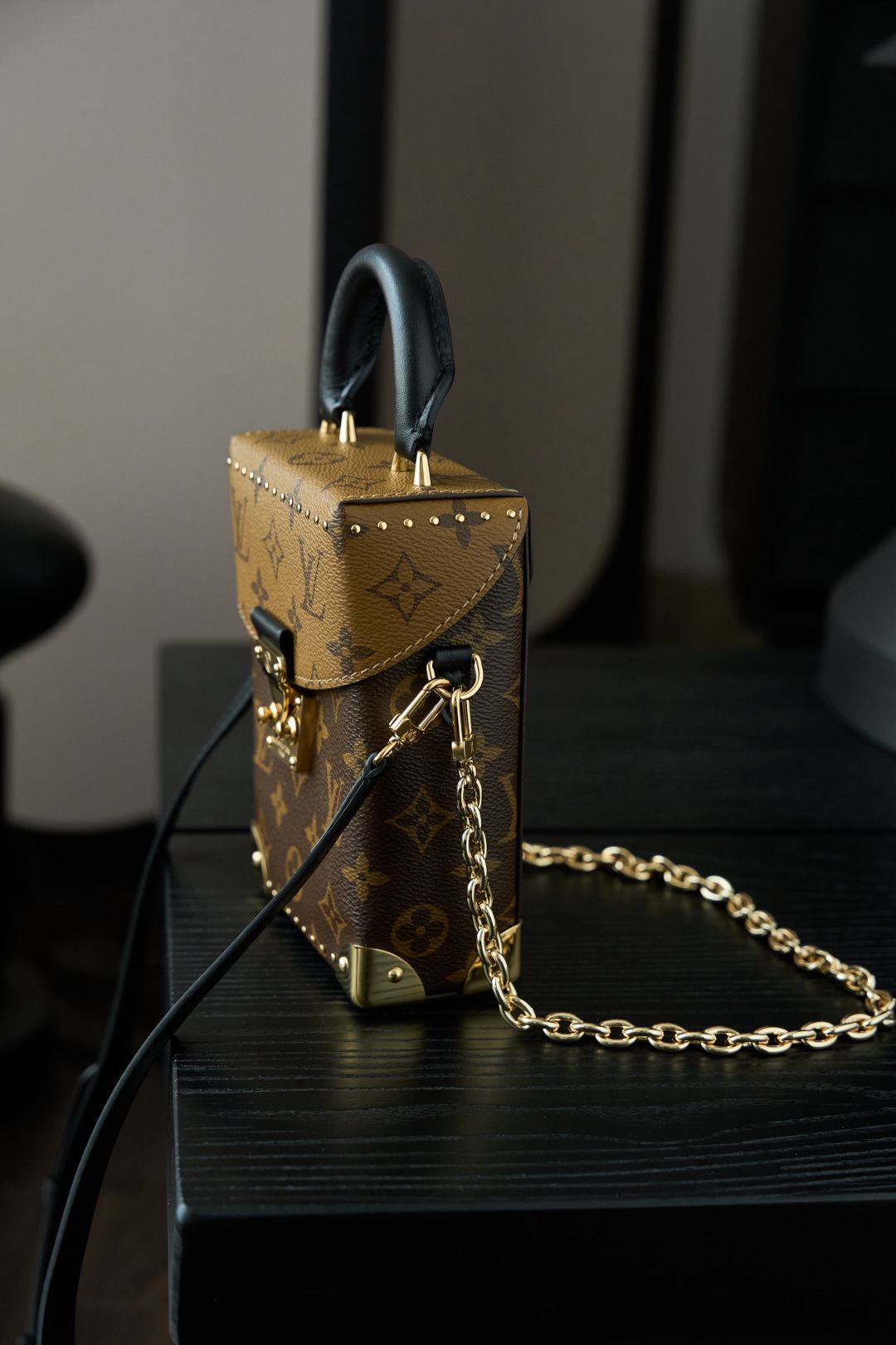 Brown Mini Top-Handle Bag with Gold-Tone Chain and Front Clasp